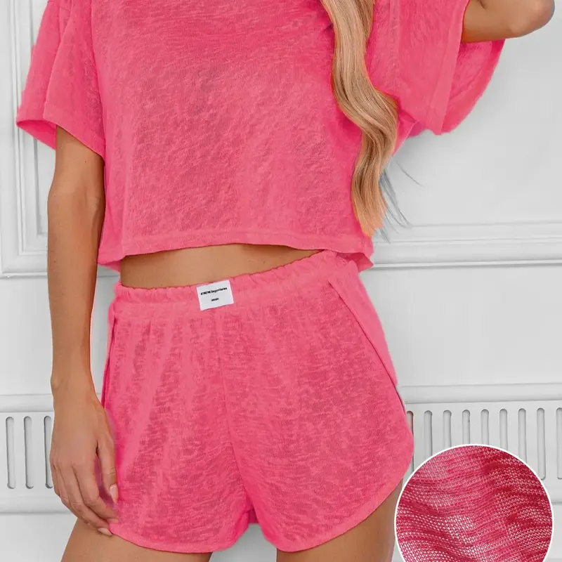 2-Piece Summer Pajama Set, Loungewear, Lightweight Breathable Loungewear, Casual Loose-Fit, Breathable Knitted Top, Side Slits Shorts, Home Beach Resort Wear, All Seasons, Pjs, Womenswear