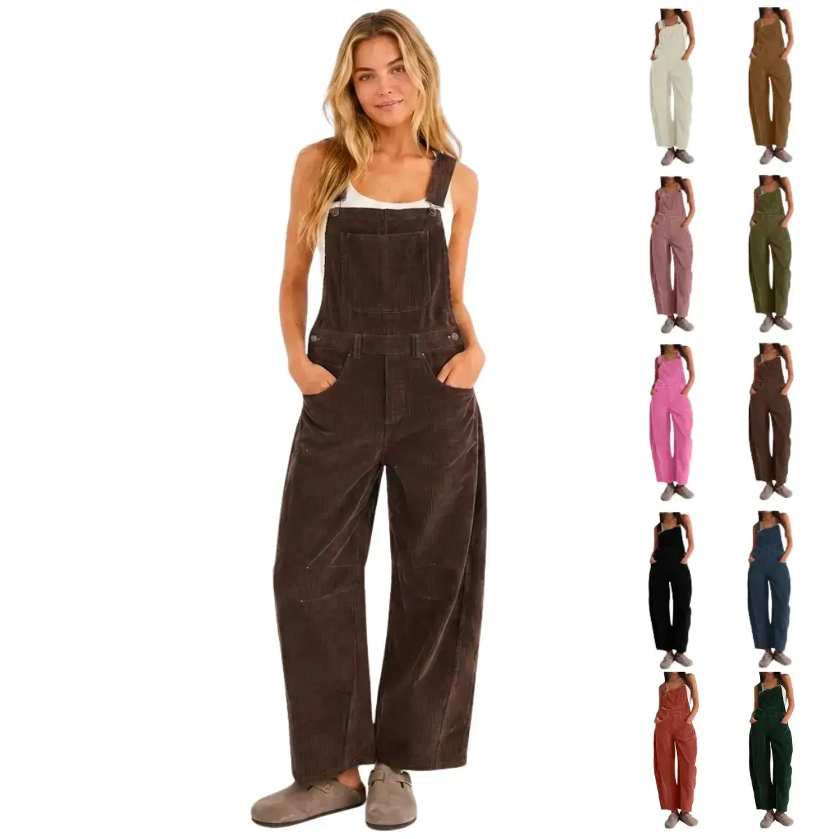 Corduroy Overalls for Women Barrel Wide Leg Bib Corduroy Pants Women Adjustable Romper Jumpsuit with Pockets,summerwins