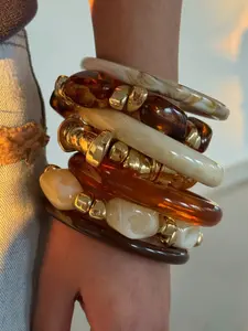 7pcs Set Fashionable Luxurious Unique Shiny Elegant Versatile Retro Exquisite Resin Amber & Ivory Color Metal Beaded Bracelet Set For Women, Suitable For Daily Wear, Festivals And Parties