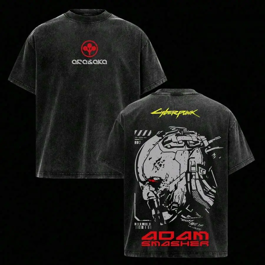 Washed Adam Smasher Cyberpunk 2077 Graphic T-Shirt - Oversized Heavy Cotton Streetwear Tee for Men & Women, Casual Edgerunners Dark Anime Short Sleeve, Gift for Cyberpunk & Game Fans