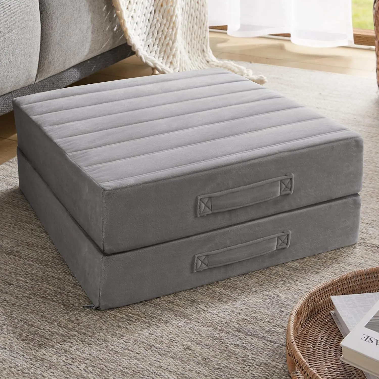 High Density Foam Floor Pillow 2 Sets, Large Meditation Cushions Seating for Adults and Yoga, 5" Thick Washable Couch Cushion with Soft Tufted Covers - 22 Inch Grey