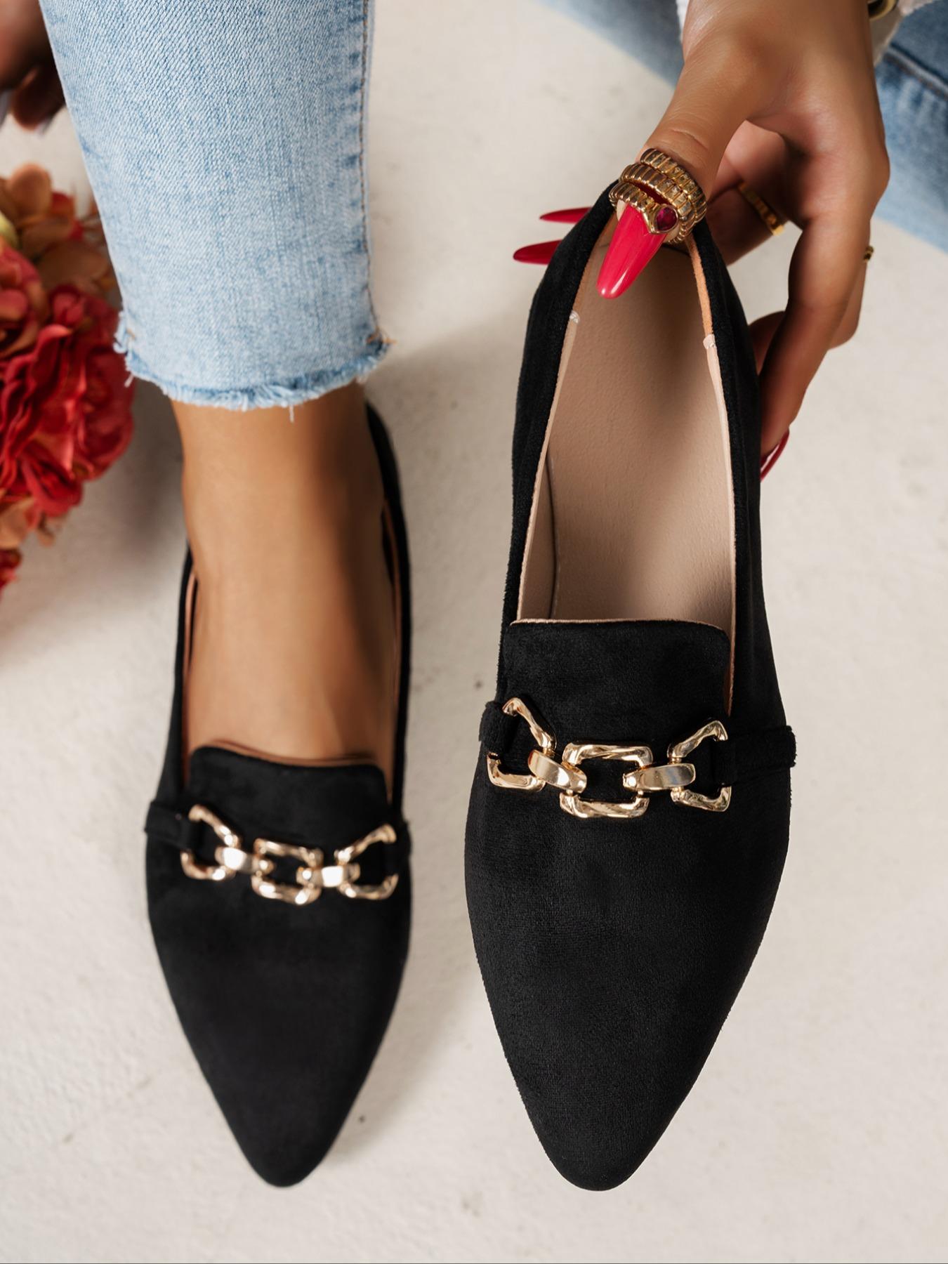 Women's Elegant Pointed-Toe Flat Shoes, Gold Chain Decor, Comfortable Non-Slip Casual Footwear for Home & Outdoor Use, Fashionable Flats