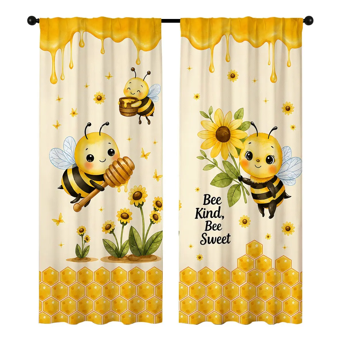 Cute Cartoon Bee Sunflower Printed Curtains 2 Panels, Honey Drip Honeycomb Pattern Washable Polyester Window Curtains, Window Drapes