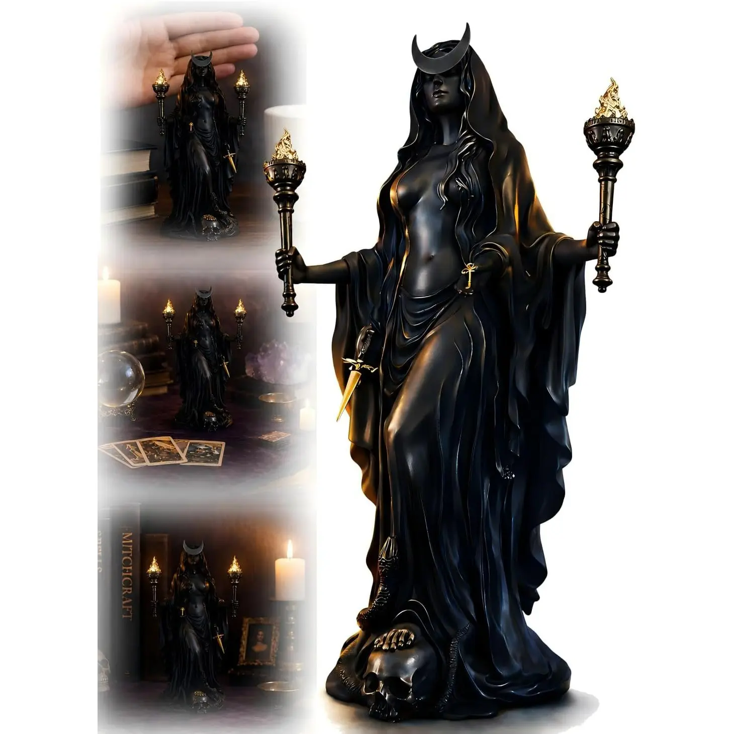 Greek Goddess Resin Statue with Torch, Hecate Night Witch Altar Figurine, Pagan Wicca Decor, Gothic Witch Decoration