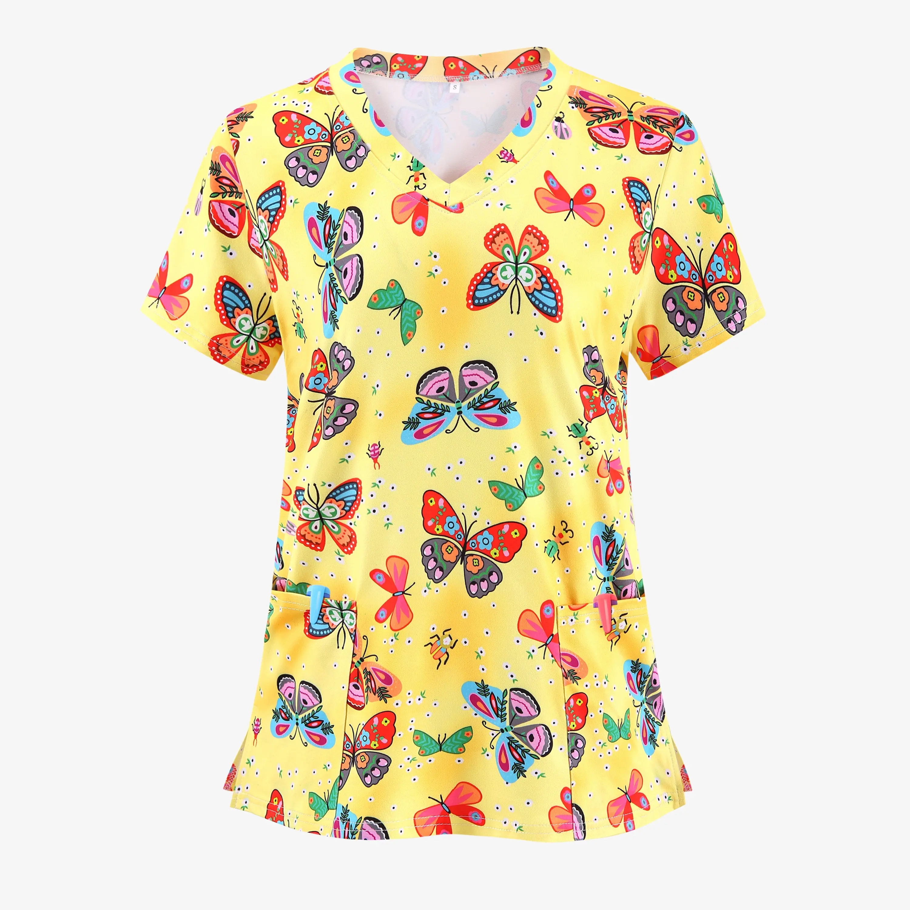 Colorful Butterfly Insect Fashion Commuter Digital All-Over Print • Nurse Style Women's Top • Slit Pocket V-Neck Clinic Hospital Women's Workwear • Casual Caregiver T-Shirt