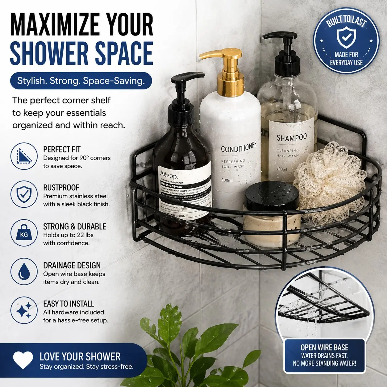 Bathroom Shelf No Drilling, Corner Storage for Shower Room, Wall-Mounted Organizer for Toilet and Sink Area, Space-Saving Design, Bathroom Accessories Organizer