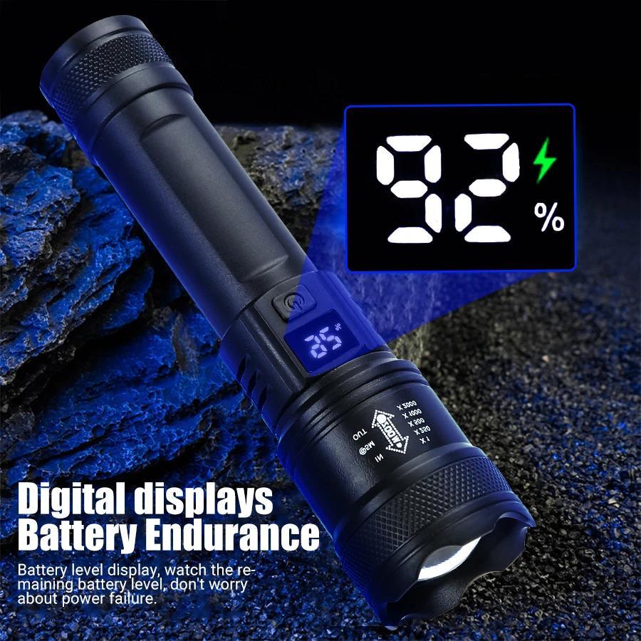 High Strong Power Led Flashlights Tactical Torch with Display Light USB Charging Camping Fishing Emergency Zoom Lantern