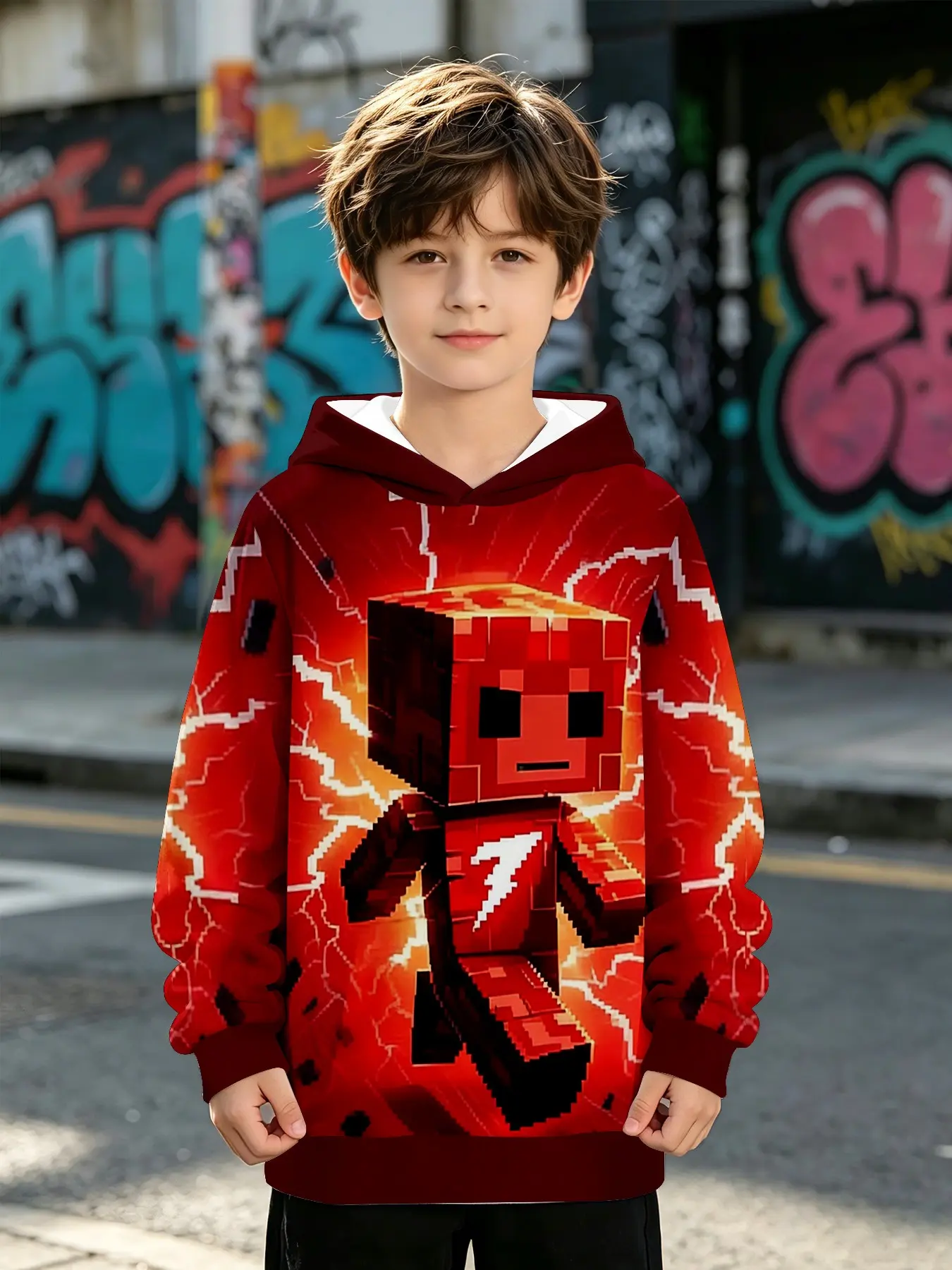 Flame Lightning Block Robot Kids Hooded Gaming Sweatshirt, Long Sleeve Loose Fit, Fall & Winter Casual Outer Vest