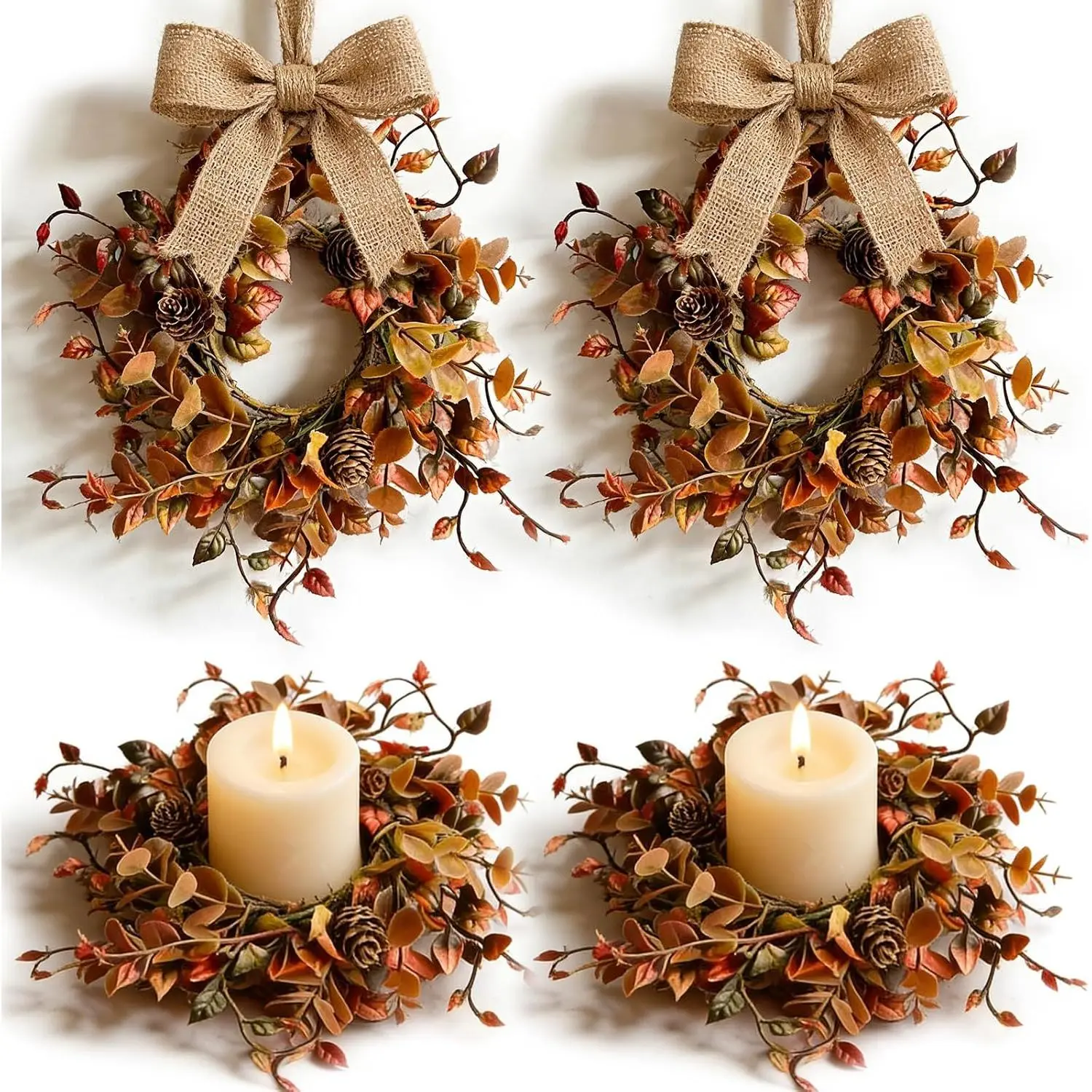 4 Pcs Mini Fall Candle Ring Wreaths Autumn Pinecones Mixed Foliage Artificial Pillar Candle Holder Wreath for Farmhouse Thanksgiving Harvest Porch Front Door Cabinets Table Decoration
