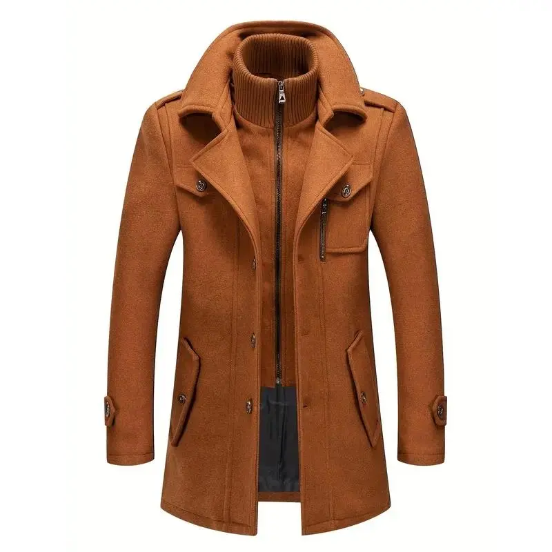 Men's Stand Collar Wool Blend Pea Coats With Removable Inner Collar Single Breasted Overcoat Casual Jackets Beige