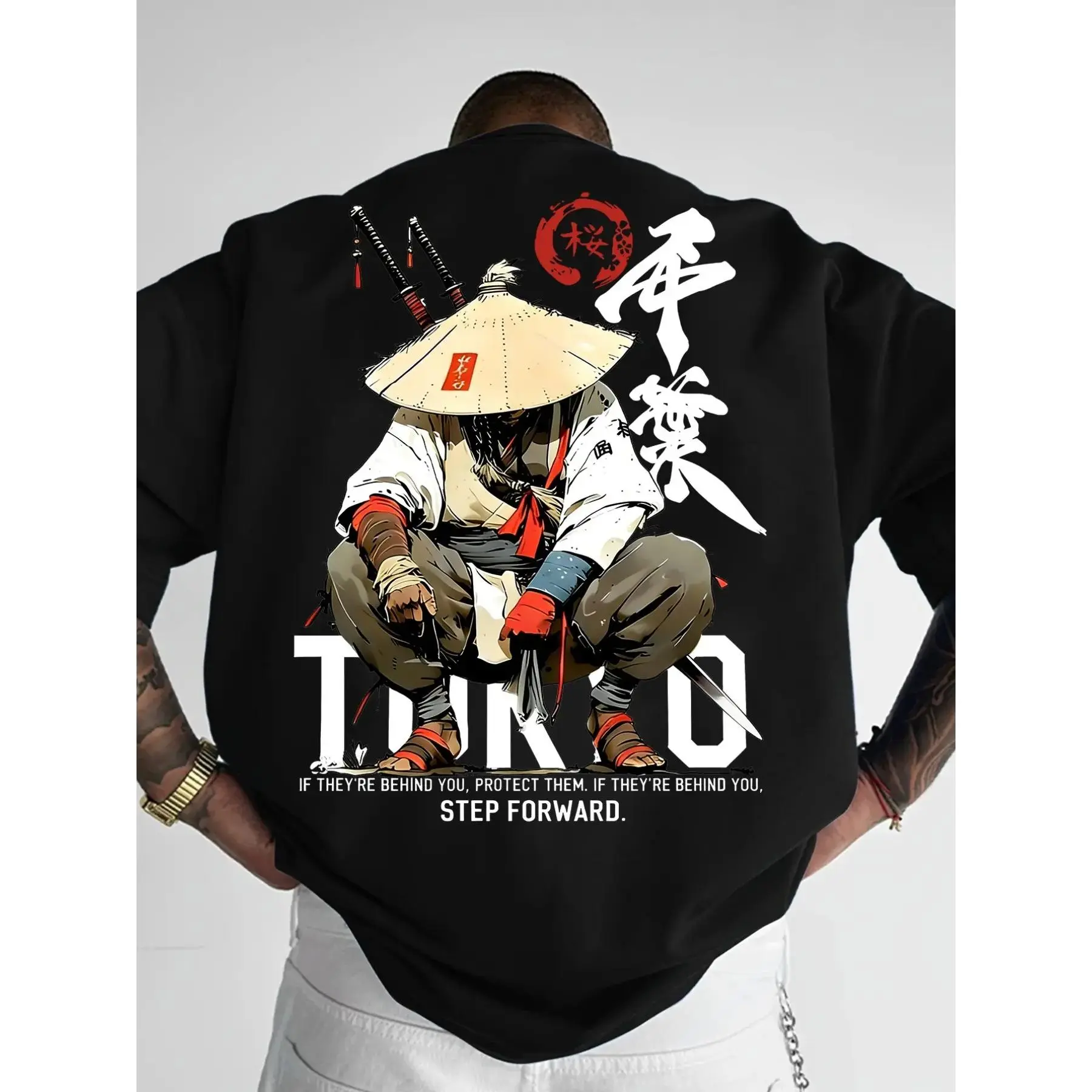 Men's Loose Fit Short Sleeve Tee, Vintage Japanese Samurai Double-Side Print Casual T-shirt, Tokyo Oriental Art Streetwear, Breathable Daily Tops