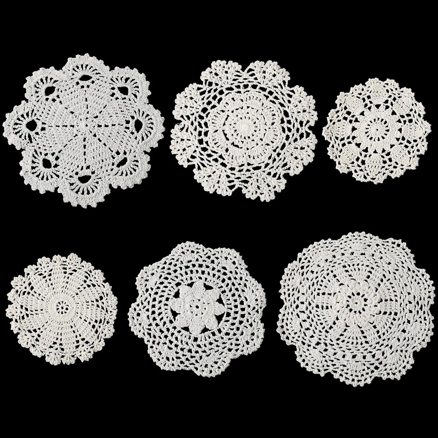 6Pcs Vintage Round Cotton Lace Crochet Doilies, 6-8 Inch Handmade Lace Fabric Placemats, Dessert Coasters for Kitchen Dining Table, Wedding Birthday Party Home Decoration