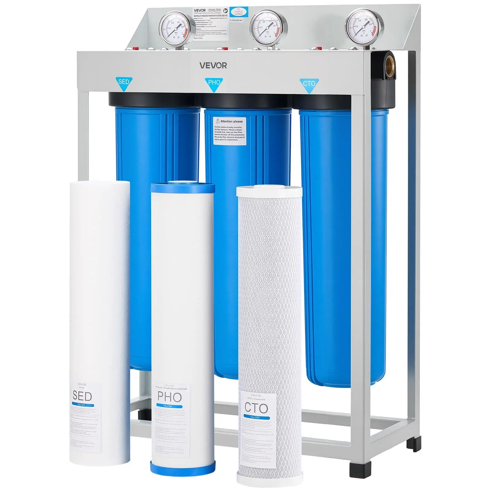 VEVOR Whole House Water Filter System for Dogs & Cats - 3-Stage Filtration (Sed, CTO, PHO), 4.5"x20" Polypropylene Cartridge, Pressure Gauge, 15 GPM, Reduces Chlorine, Bad Taste, Odor, Rust, Prevents Scale/Corrosion (100,000 gal, Activated Carbon), Durabl