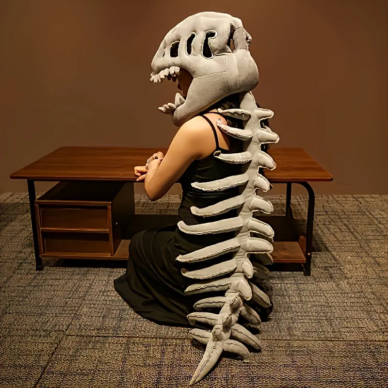 Dinosaur Skeleton Plush Costume with Spine Skull Headwear, Non-Electric Jumpsuit for Halloween Christmas Party Gift Clothes