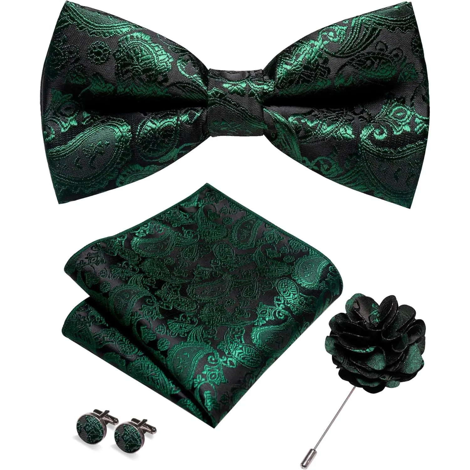 Paisley Pre-tied Bow Tie and Pocket Square Cufflinks Lapel Pin Sets for Men 4PCS