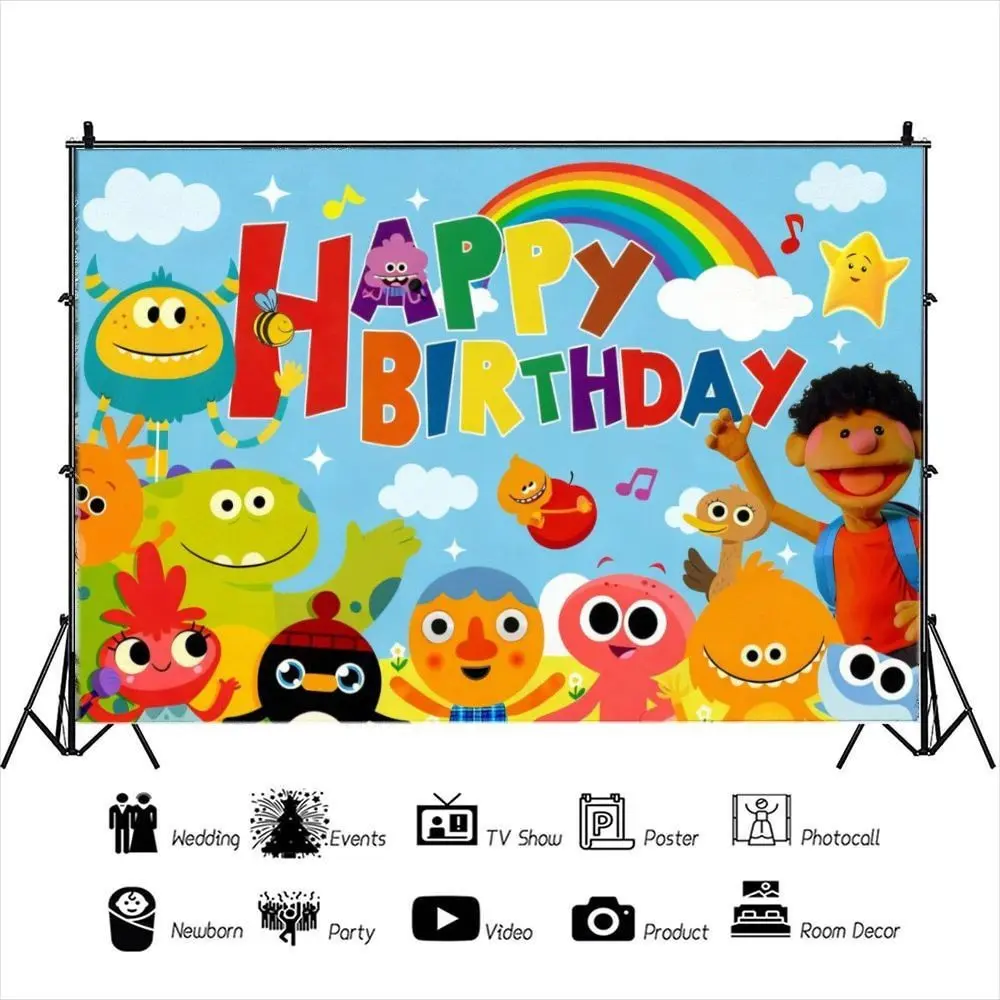 2D Flat Cartoon Monster Background Cloth, Rainbow Note Fun Character Hanging Banner, Birthday Party Celebration Photo Backdrop, Polyester Material