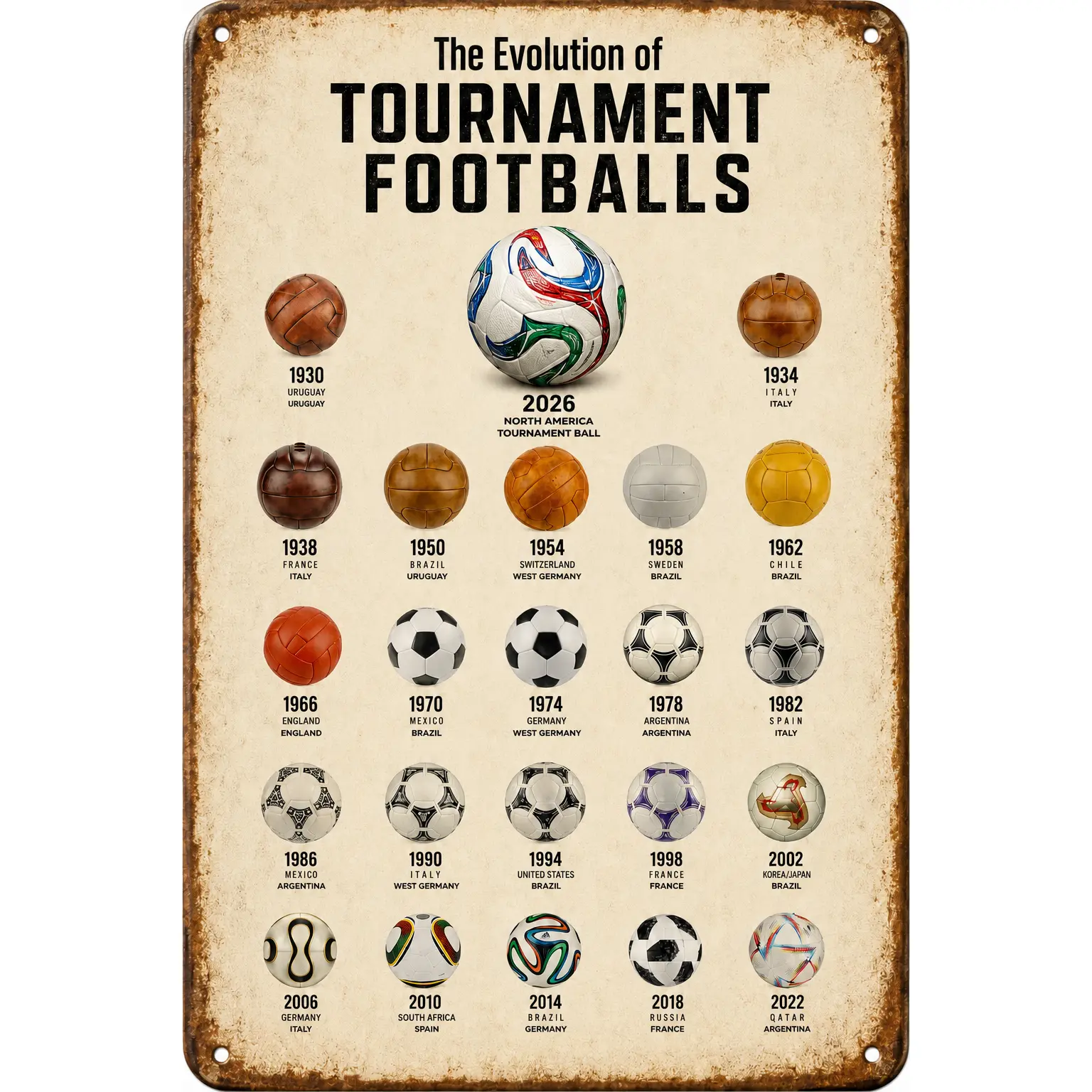 2026 Soccer Tournament Ball Evolution Aluminum Metal Sign, World Soccer Fan Wall Decor, 2D Printed Vintage Tin Sign with Country Flags for Game Room