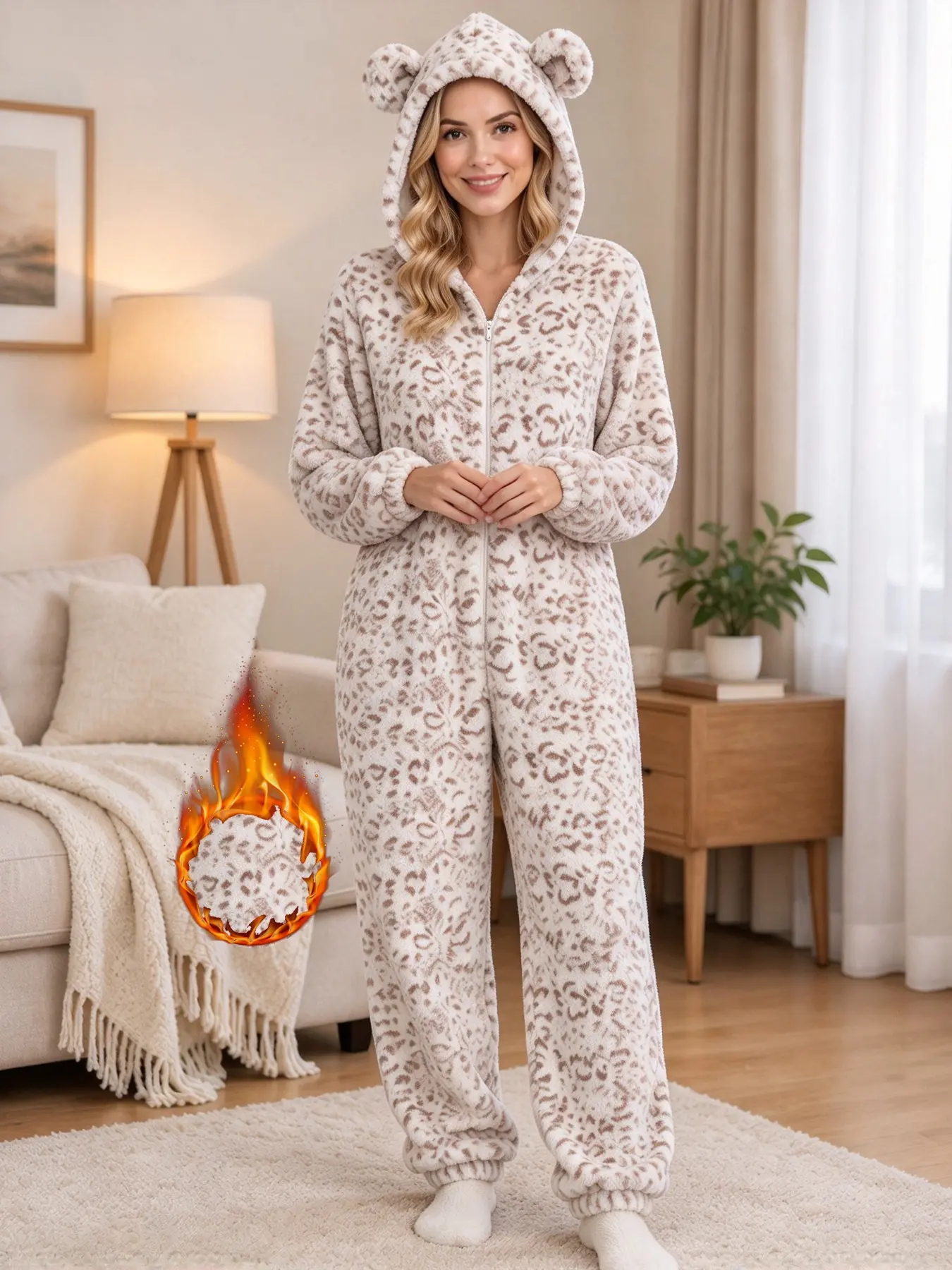 Leopard Print Bear Ears Hooded Fuzzy Onesie Jumpsuit, Thick Warm Zipper Home Wear, Cute One-Piece Sleepwear for Women, Fall Winter Bedroom