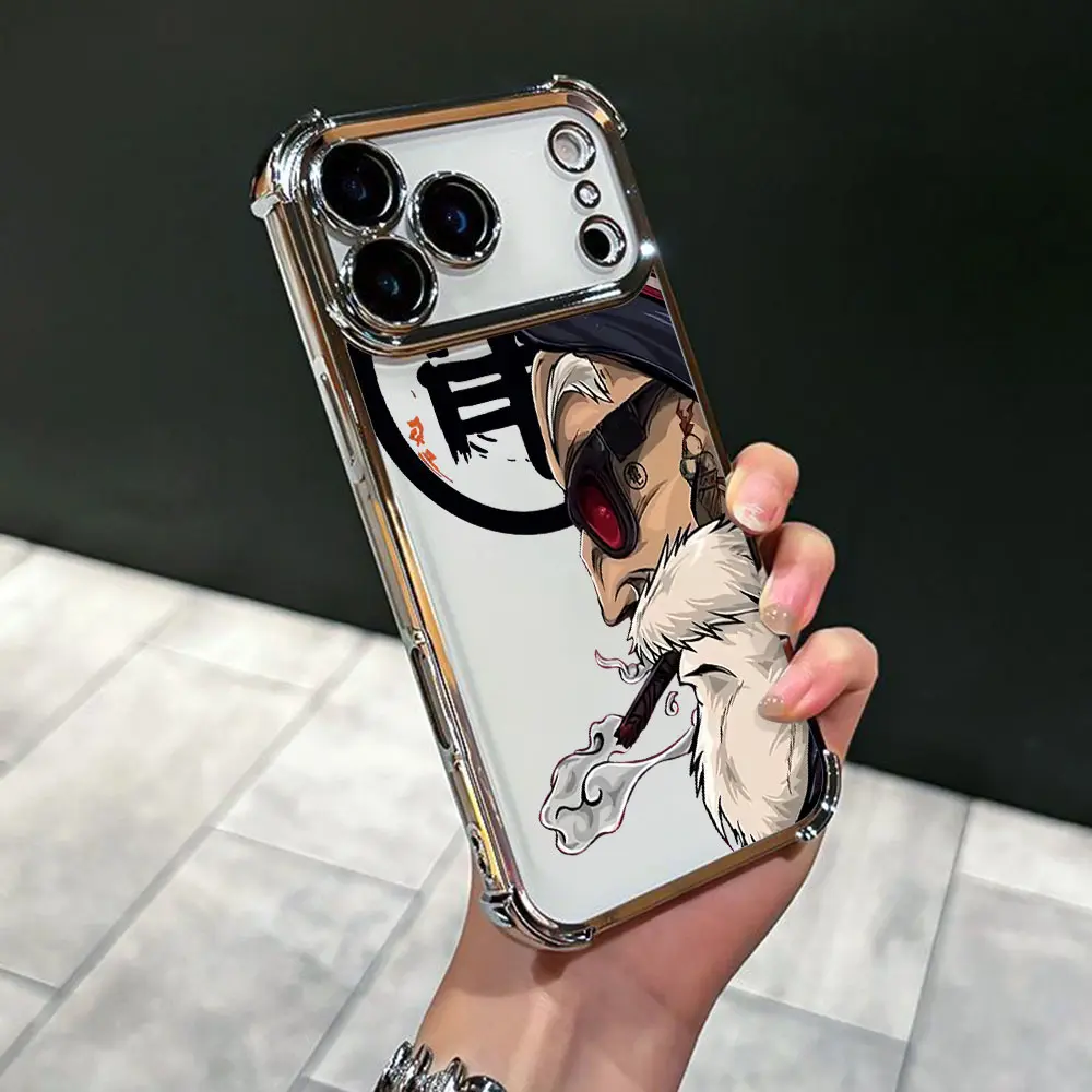 Hot Anime DRAGONBALL Master Roshi Phone Case - Luxury Drop-Proof Cartoon Anime Phone Case for Apple for iPhone 17 Air 16 15 14 13 12 11 Pro Max Plus and Samsung S26 S25 S24 S23 S22 Plus Ultra with a Silver Electroplated Frame And a Transparent Soft Back