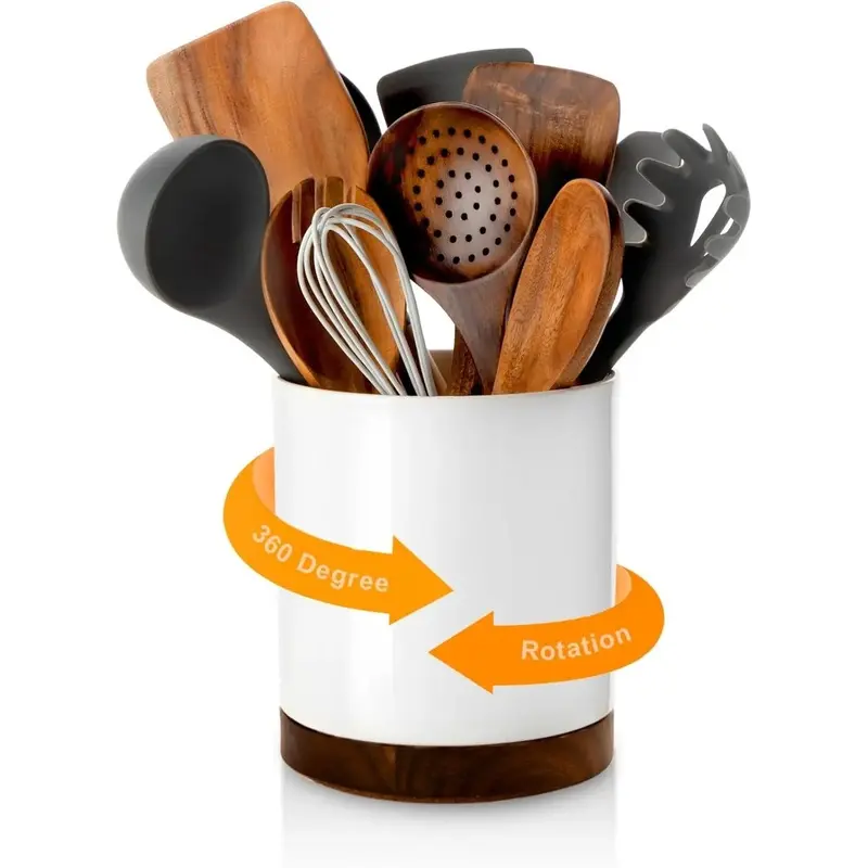 360 Rotating Utensil Holder, 7.2" Large Utensil Crock, White Ceramic Cooking Utensil Organizer with Countertop-Protection Cork Bottom for Farmhouse Kitchen Decor Christmas  (White)