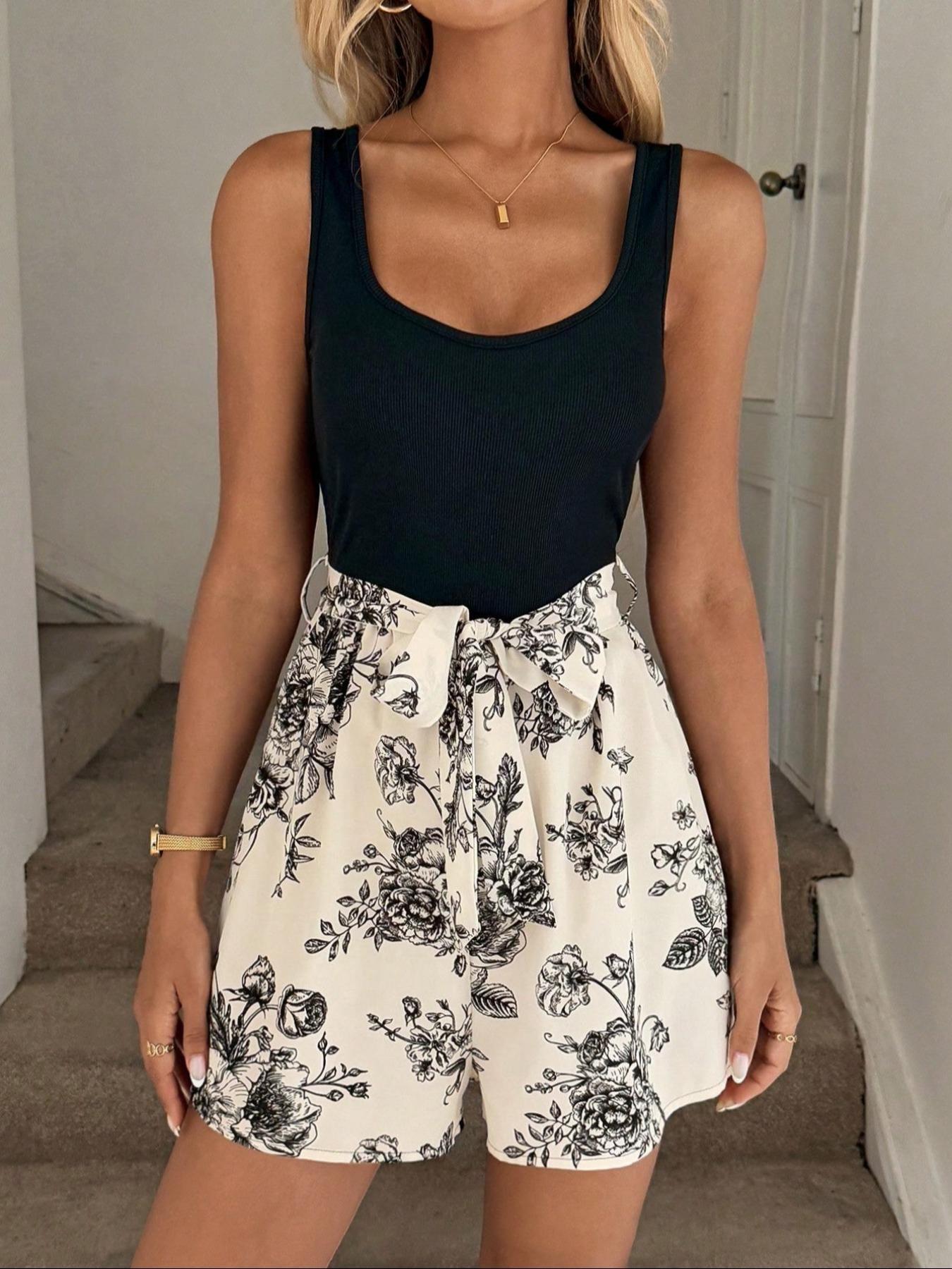 Women's Patchwork Floral Print Belted Tank Romper, Casual Square Neck Sleeveless Romper, Womenswear, Ladies Clothes for All Seasons