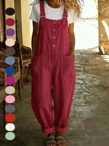 2026 Summer New Cotton Linen Solid Color Retro Pocket Straight Leg Bib Pants for Women, European and American Style, Cross-Border E-Commerce