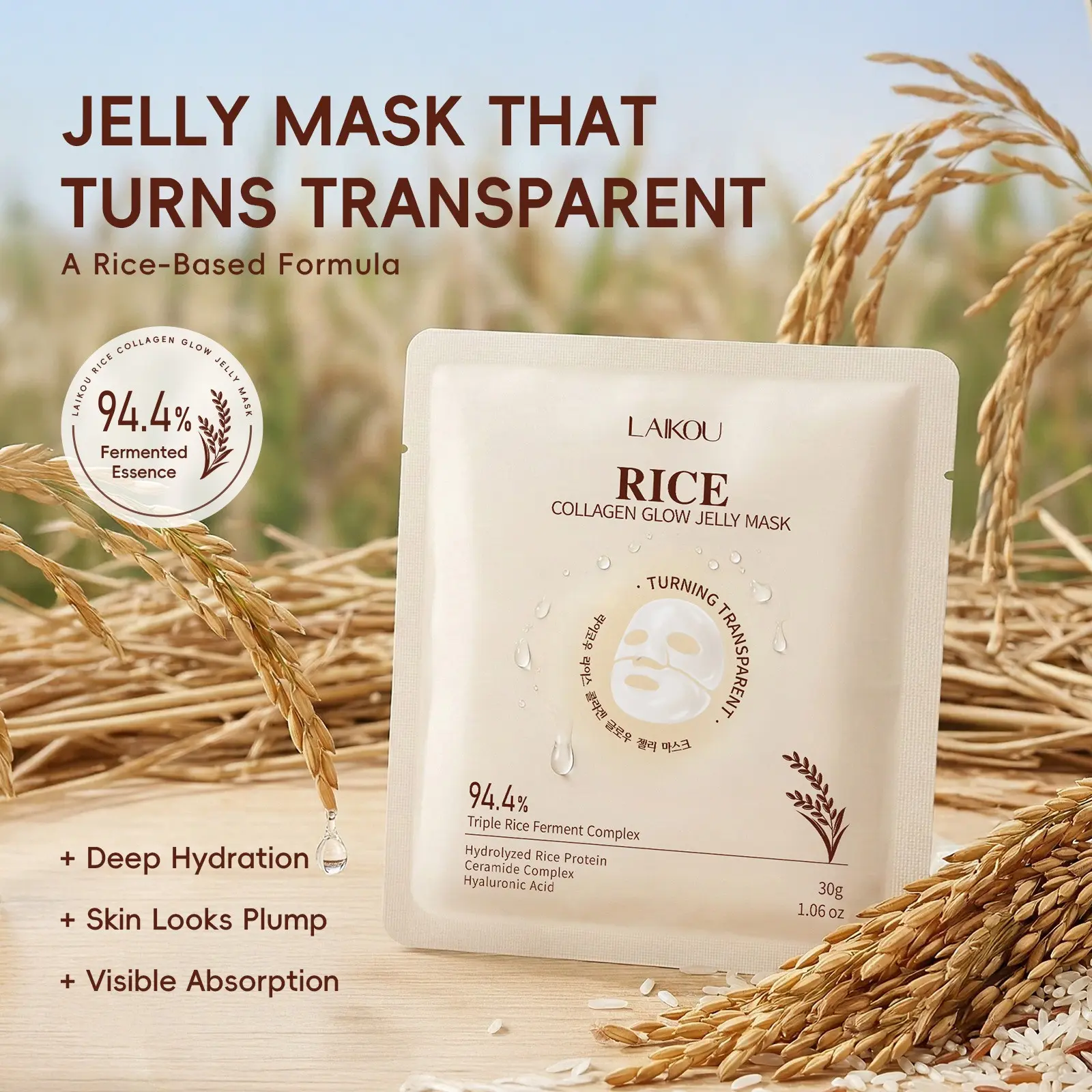 Collagen Jelly Mask 30g, 94.4% Rice Fermentation + Ceramide Complex, Deep Hydration, Tightening, Smoothing, Glass Skin Effect, Individual Packaging