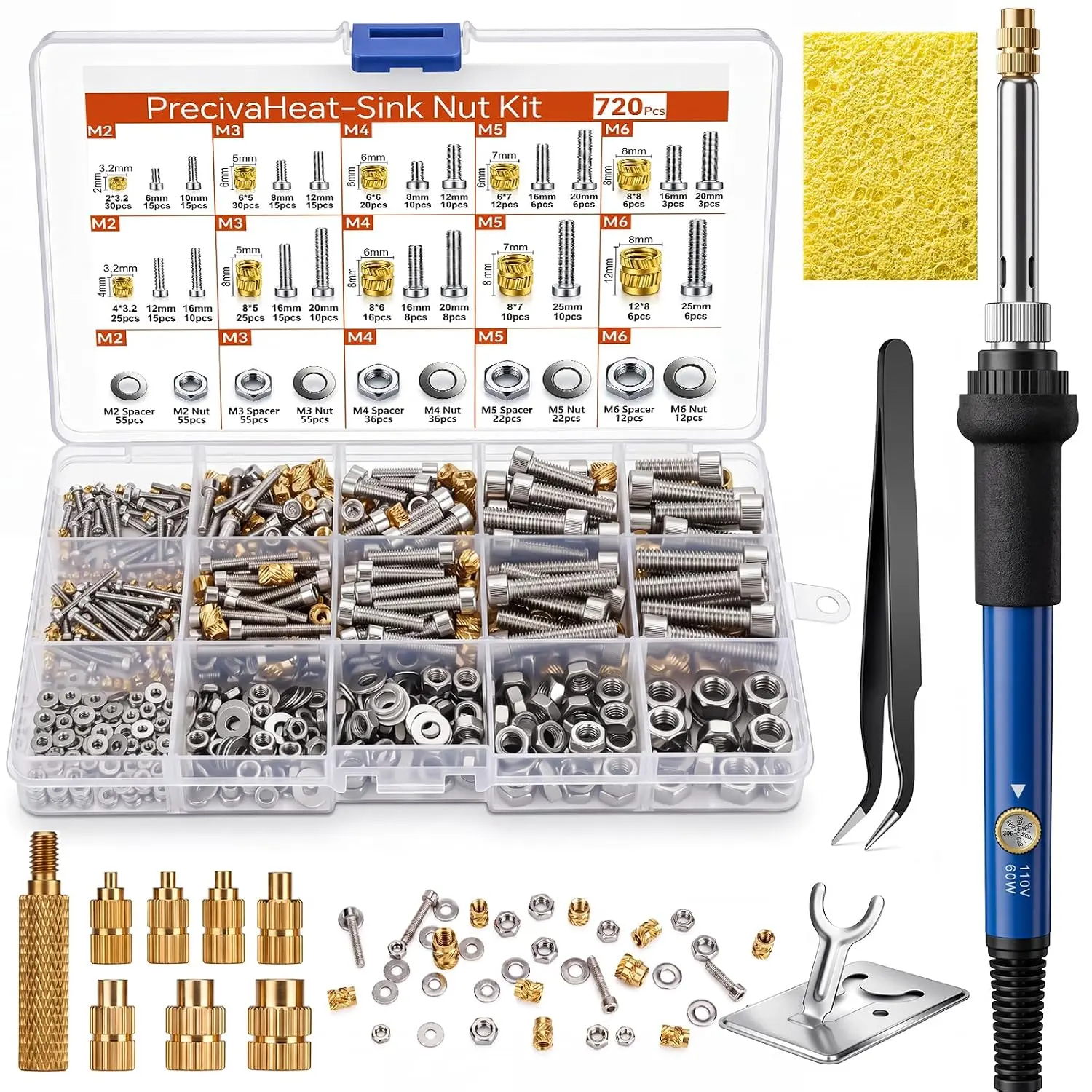 720-Count Metric M2-M6 Brass Knurled Threaded Inserts Full Kit, Heat Set Nuts with Soldering Iron & Quick Change Insert Tips for 3D Printer Parts, Plastic Surfaces