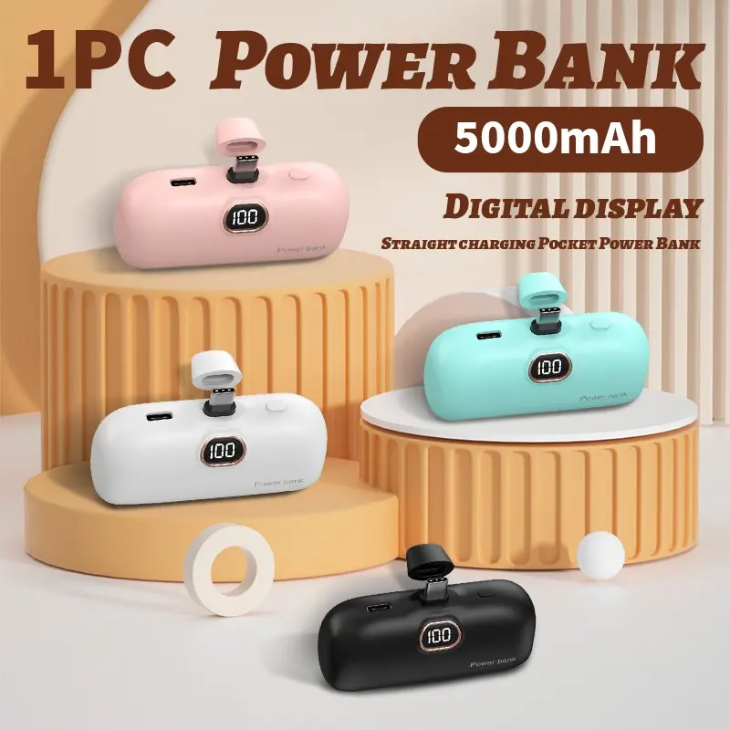 Portable Capsule Power Bank, Small Lightweight 10W 5,000 mAh USB-C Portable Battery Pack Compatible with iPhone and Samsung, Electronic Gadgets, Multi-Color Options