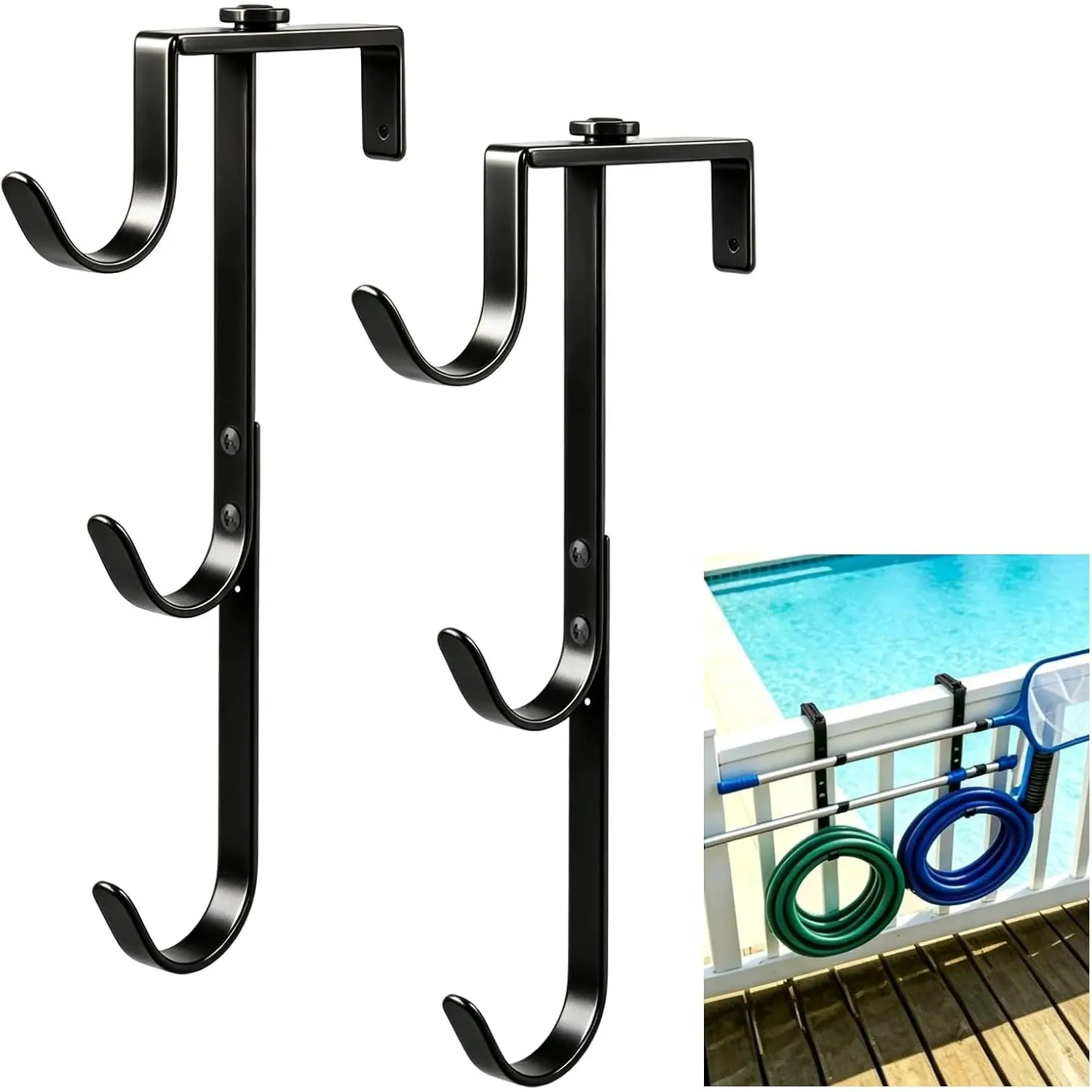 2 Pack Upgraded 3-Tier Pool Fence Hooks for Pool Equipment, Adjustable Heavy Duty Pool Pole Hanger Holder, Rustproof Hooks for Pool Skimmer Pole Vacuum Hose Net Leaf Rakes Garden Tool Organizer