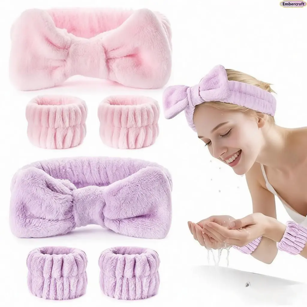 Women's Bow Detail Headbands 3-Piece Assorted Set - Soft Absorbent Face Wash Headband & Wrist Wash Bands, Comfortable Decorative Dehairstyling Hair Accessory for Spa, Daily Beauty Routine, Assorted Set Headbands