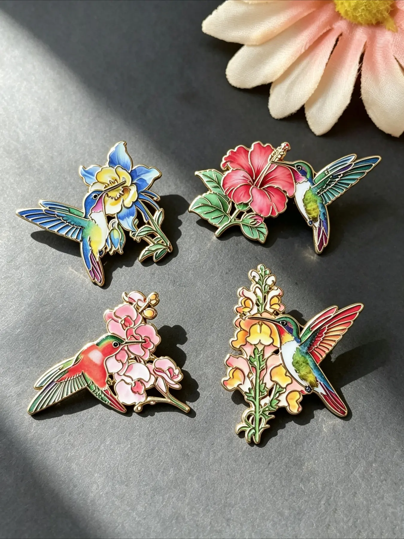 4Pcs Hummingbird & Flower Enamel Pin Set, Gold Trim Vintage Botanical Tropical Bird Floral Lapel Badge for Jackets Backpacks, Jewelry Gift for Garden Lovers and Women