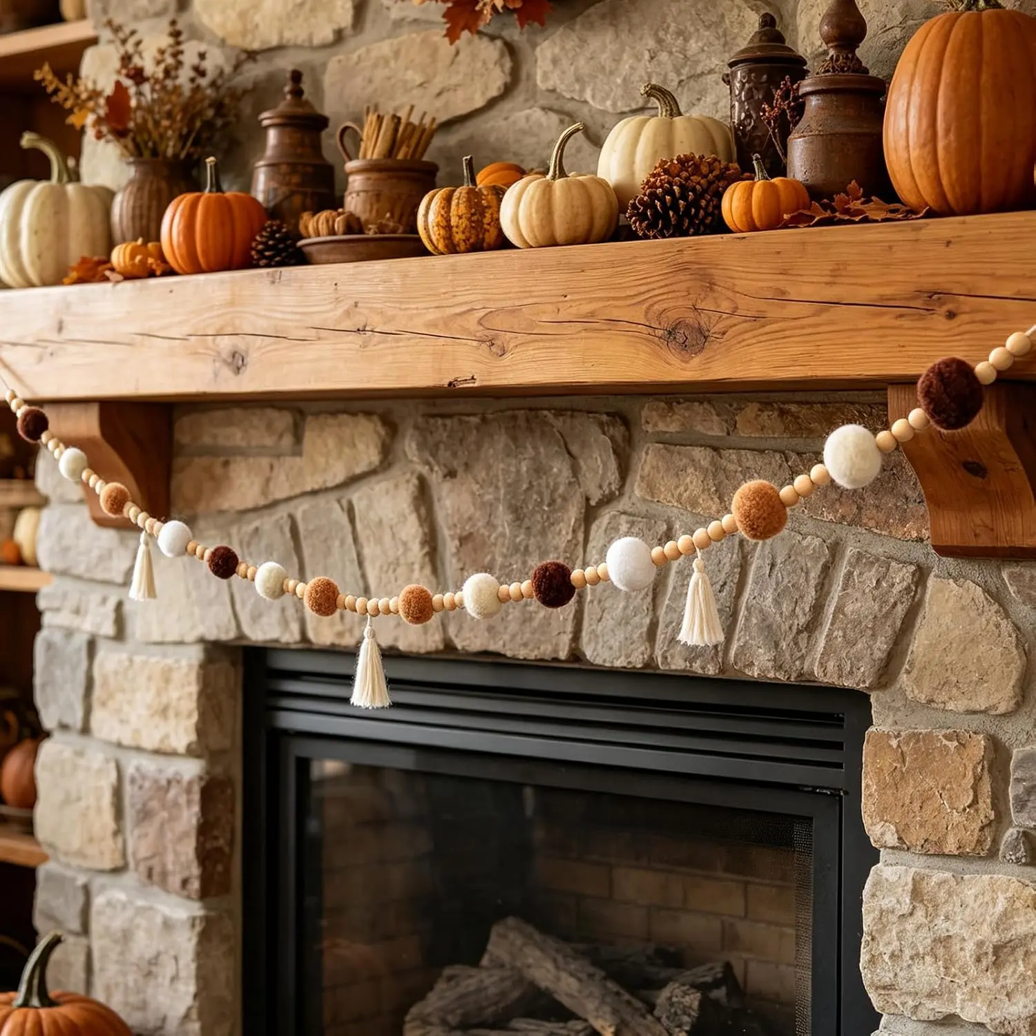Fall Garland Boho Pom Pom Garland 9.84FT Felt Ball Tassel Beaded Garland with  Beads for Mantle Thanksgiving Rustic  Decor Pre-Assembled Neutral Classroom Wall  for Party
