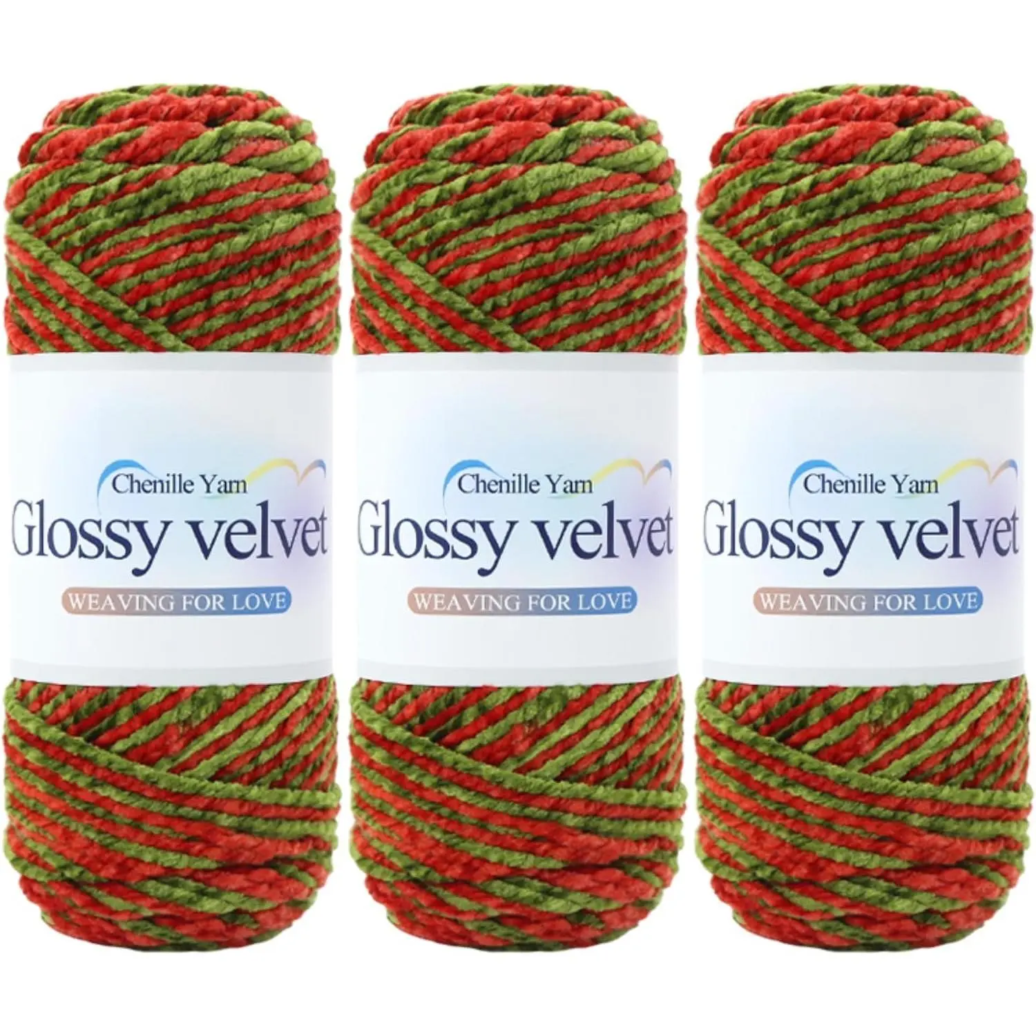 Glossy  Chenille Yarn for Crocheting Bulky - 3 Skein of 200g/7oz - Ultra Soft  Blanket Chunky Plush Yarn for Knitting Amigurumi Crochet Blankets (3x151 yds) (Grass Green red)