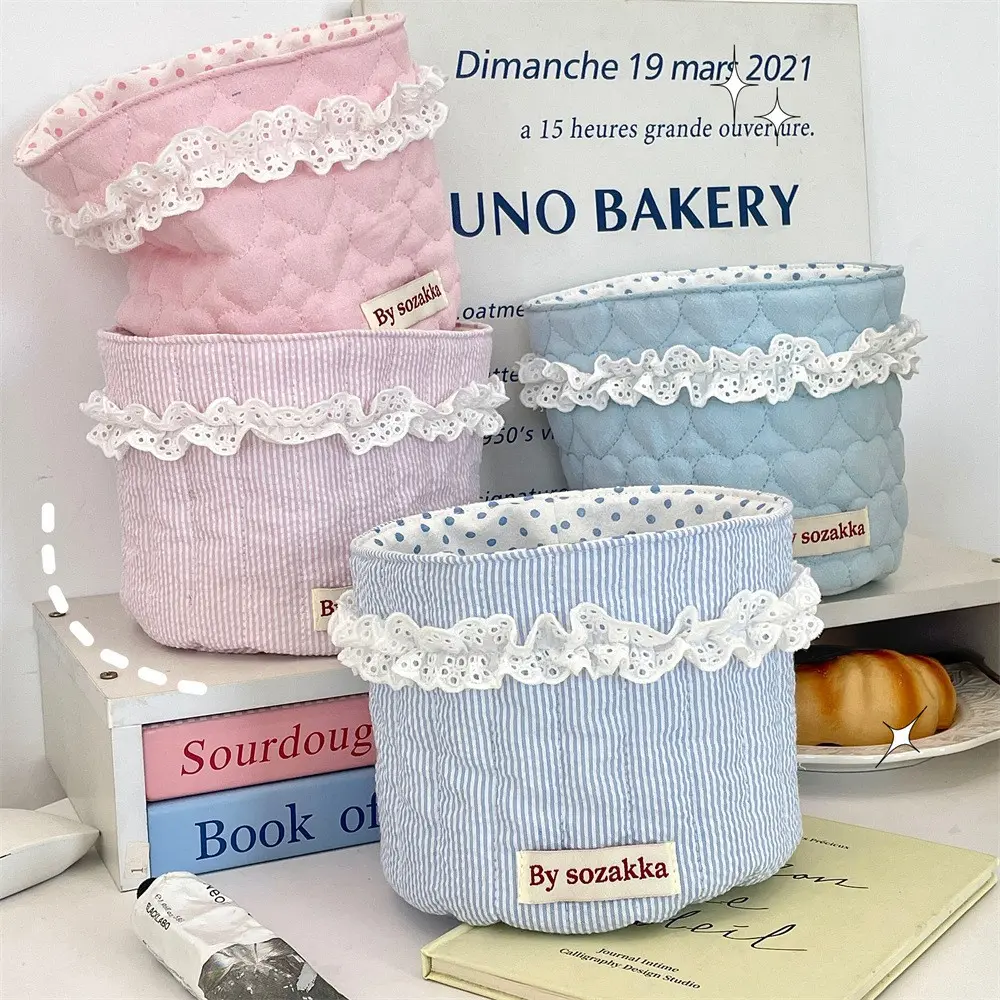 Korean Style Quilted Fabric Cosmetic Organizer Basket, Desktop Storage Tray, Round Tube Snack Holder, Multi-Functional Large Capacity Storage Tool, Collapsible Storage Baskets, Quilted Design