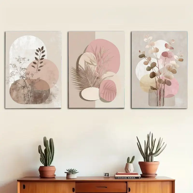 2D Flat, 3pcs SDMIKEFLAX Frame Minimalist Modern Botanical Prints - Soft Pink & Beige Suitable for Living Room, Bedroom, Office Decor, Horizontal Paintings, Adhesive Backing for Installation, Holiday Gift for Home, 2D Flat