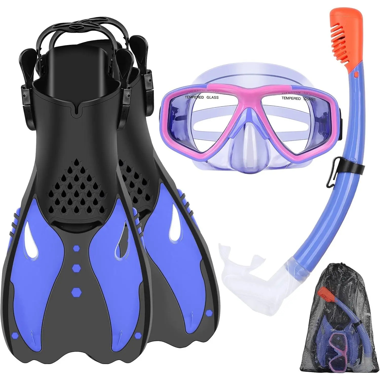 Youth Snorkel Set for Ages 7-16, Snorkeling Gear for  with Panoramic View Mask Anti-Fog Anti-Leak Full Dry Top Snorkel Fins Travel Bag for Swimming Diving