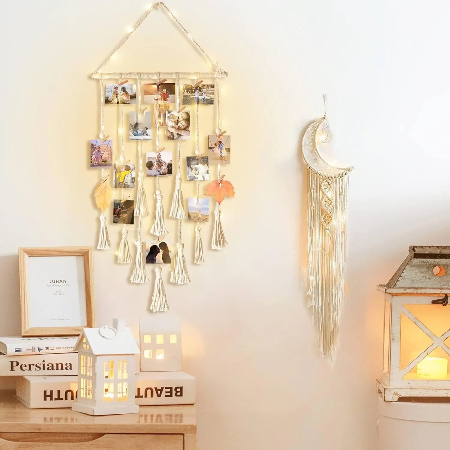 Gifts for Teenage Girls, Hanging Photo Display & Moon Dream Catcher, Christmas Gift Ideas for Girls Ages 10-14, Macrame Boho Wall Decor for Bedroom Dorm Aesthetic Room Decoration