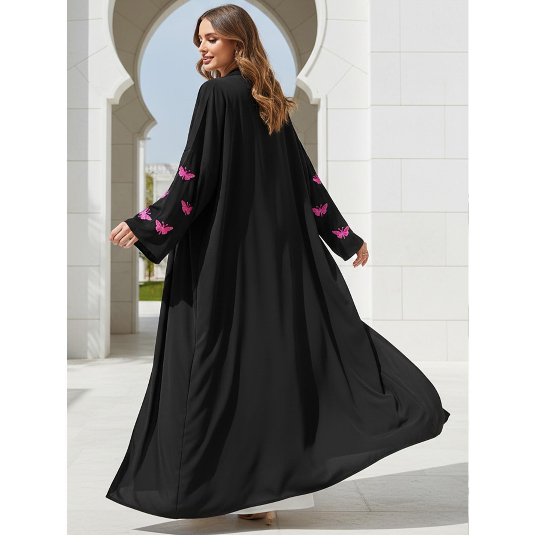 Butterfly Embroidered Open Abaya Chic Kimono Cardigan | One Size Fits Most | Modest Black Casual Robe for Travel, Prayer & Daily Style