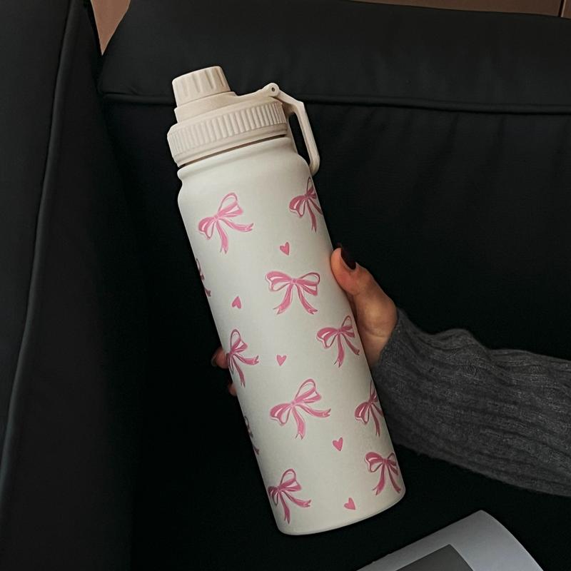 Bow Pattern Stainless Steel Vacuum Flask, 1 Count Portable Large Capacity Water Bottle, Summer Cool Bottle Drinking Cup for Home Office Outdoor Sports, Drinkware, Vacuum Insulated Flask, Stainless Steel Tumbler