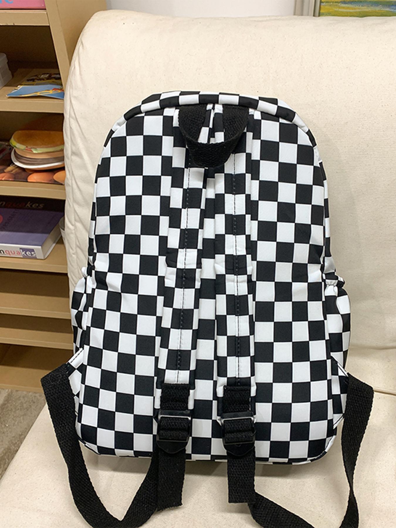 Checkerboard Pattern Backpack & Lunch Bag & Pencil Case Set, Casual Large Capacity School Bag Set for Women & Men, Fashionable Backpack Set for Daily Use
