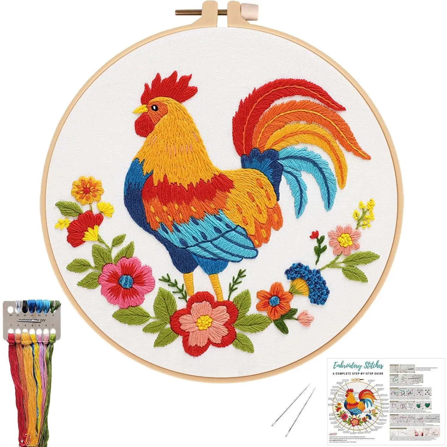 Embroidery Kit for Beginners, Rooster Needlepoint kit | Pre-printed   Starter Kit Including Cloth with , Embroidery Hoop,  Instructions and Threads