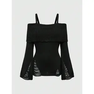 18ACTIVEKITWomen's cold shoulder torn sweater Gothic punk long sleeved fitted pullover sweater
