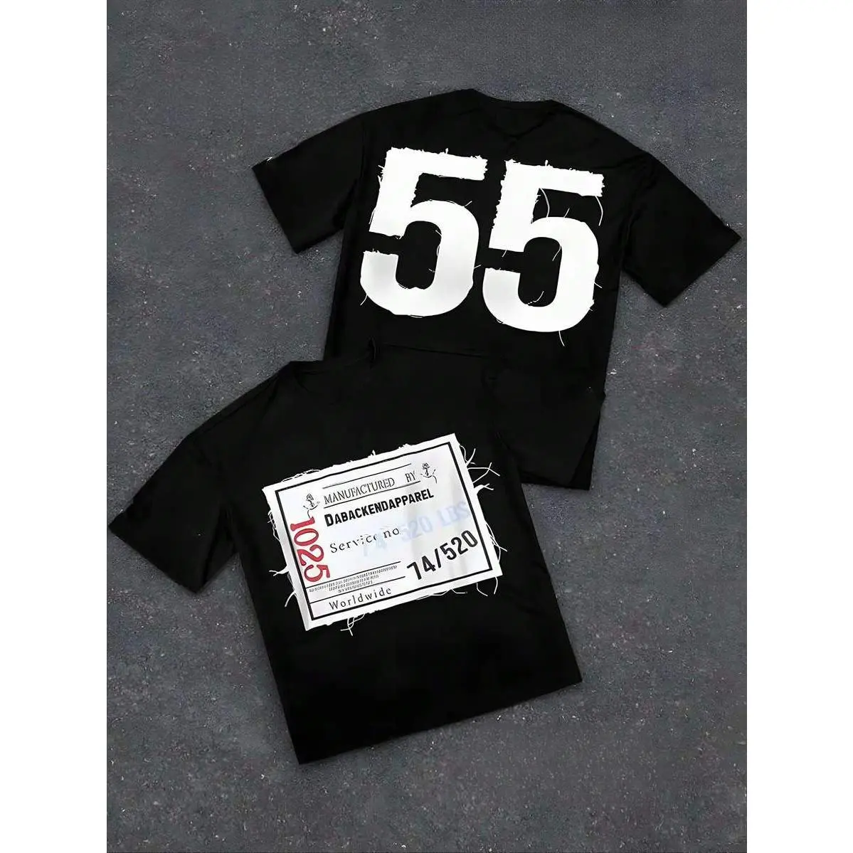 Men's Classic Soft Black Cotton Short-Sleeve Distressed Vintage Shipping Tag Number Printed Loose Streetwear T-Shirt for Outdoor Skate, Urban Weekend Trips