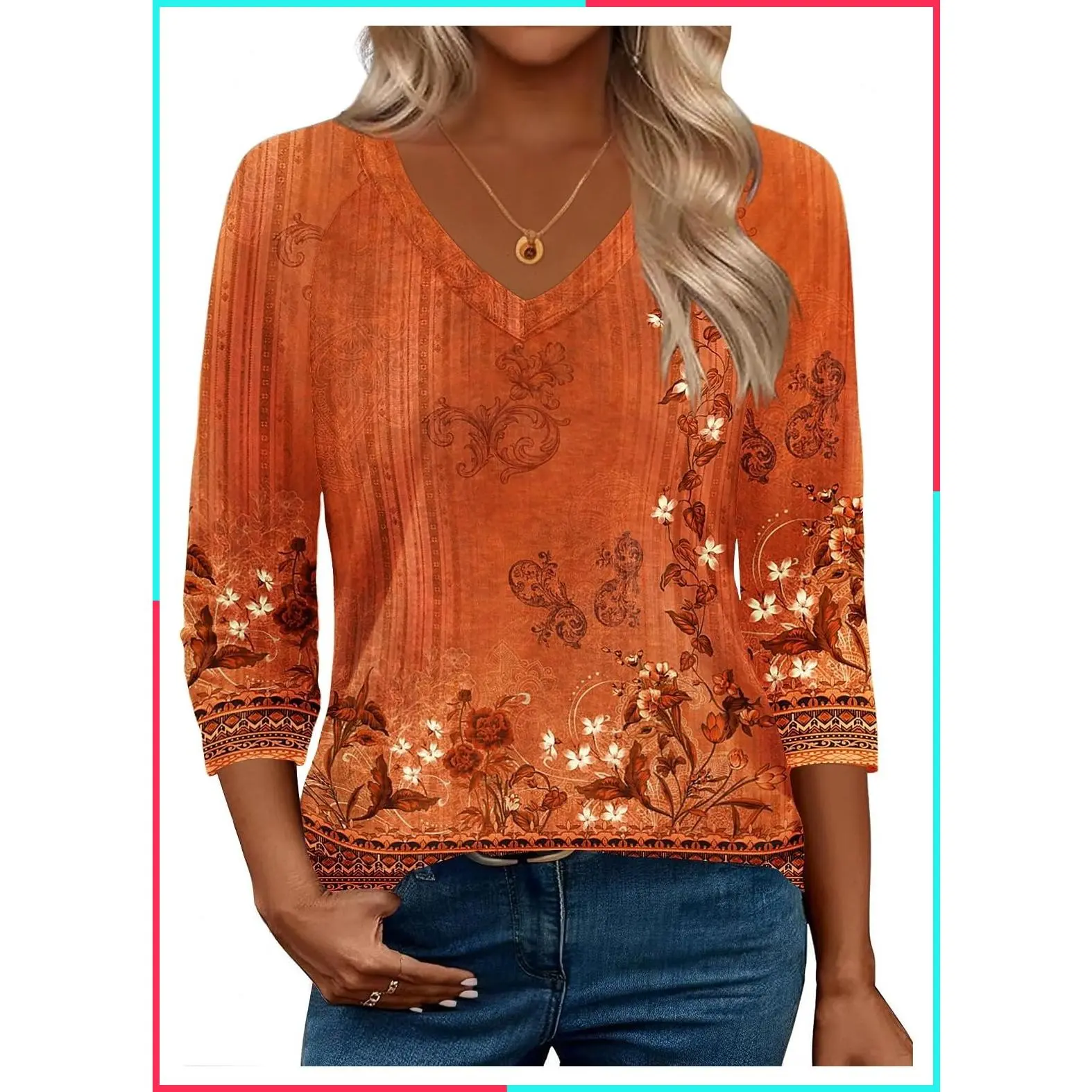3/4 Length Sleeve Womens Tops Casual V Neck Shirts Soft Basic Tees