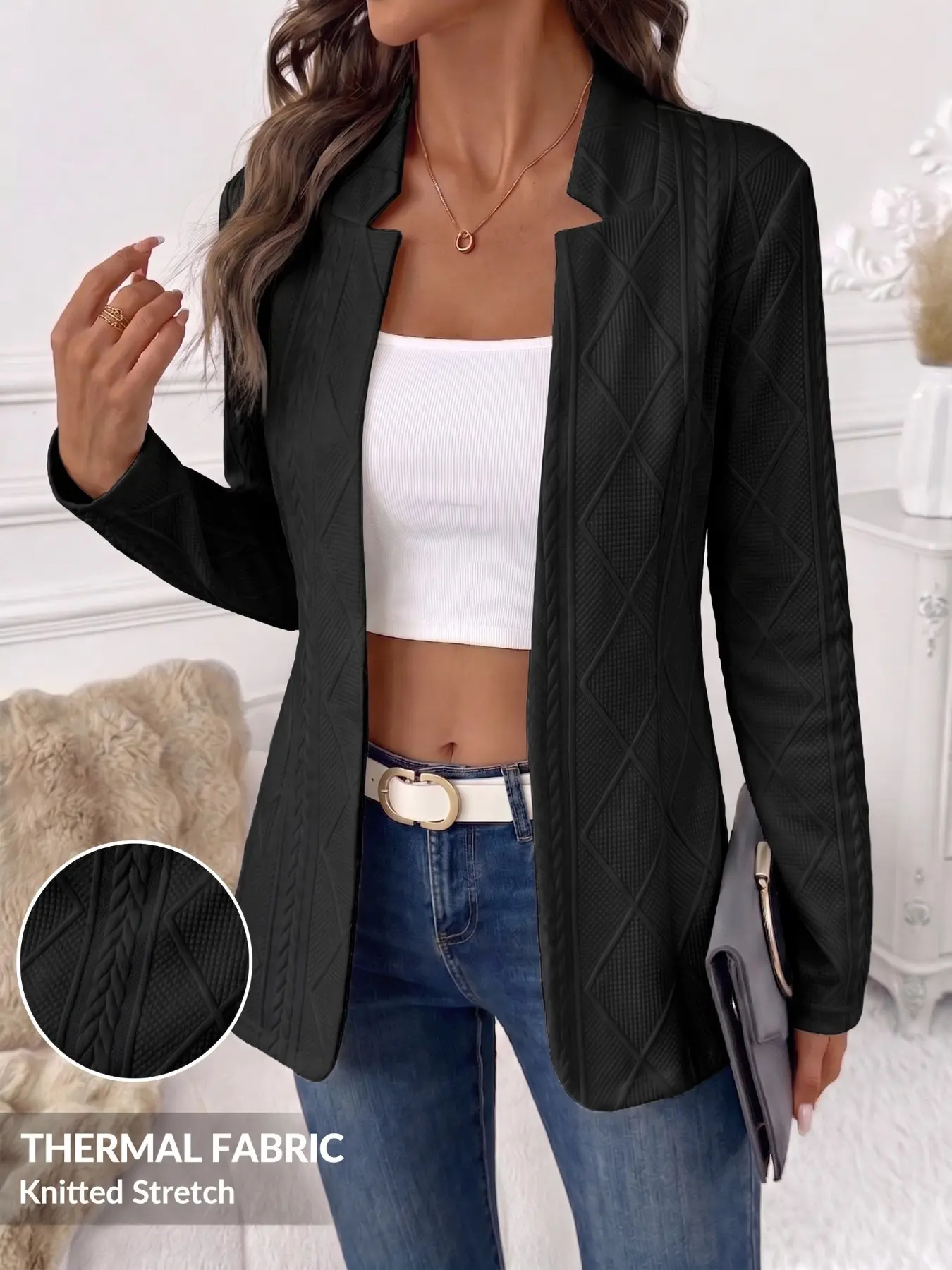 Women's Lightweight Textured Knit Blazer, Fall Open Front Long Sleeve Casual Commute Top, Light Fabric Not Suitable for Cold Winter