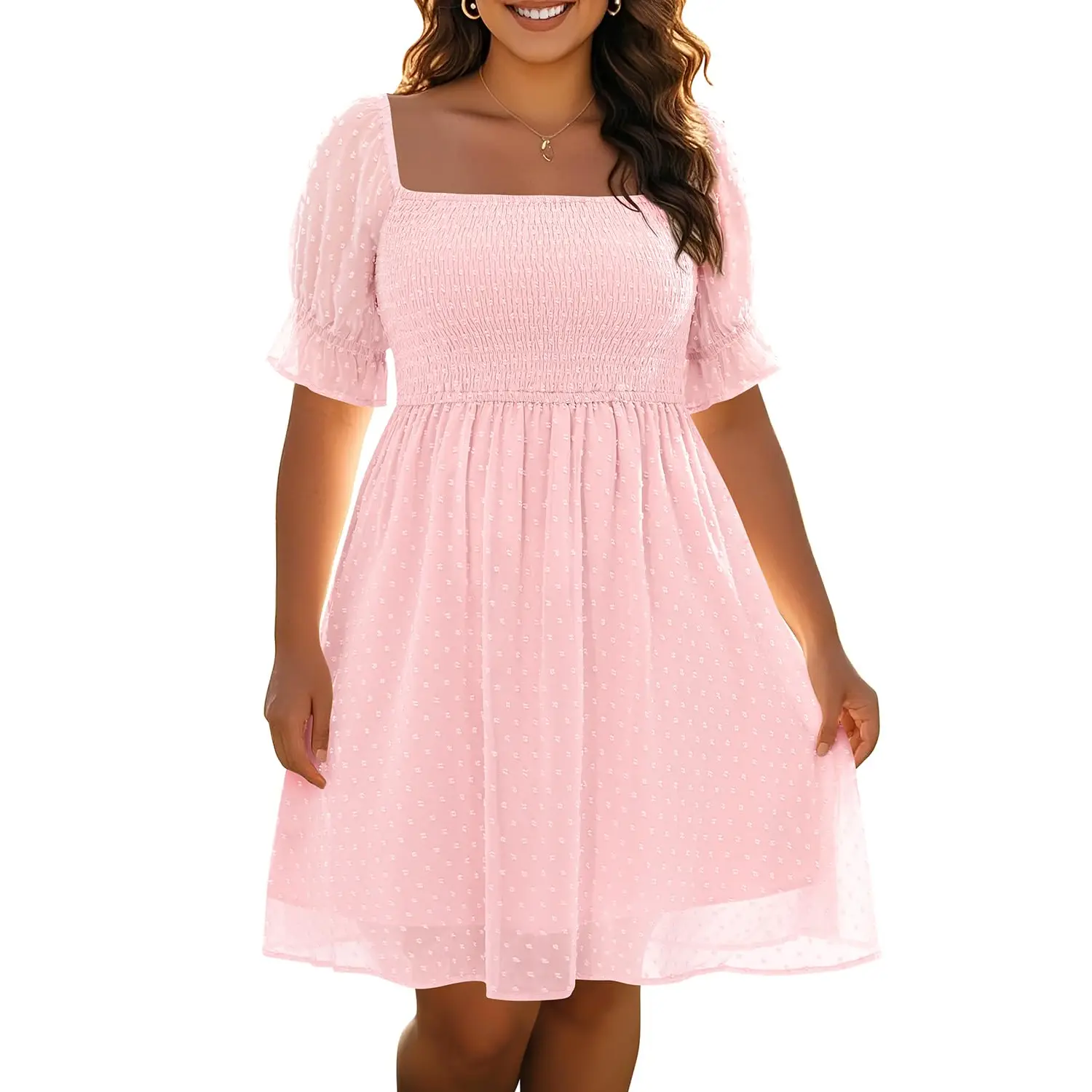 PINUP FASHION Women's Curvy Dresses Plus Size Casual Sundress - Chiffon Swiss Dot Fabric with Spandex, Puff Sleeves, Square Neck, Short Length, Flowy Smocked, Racer Back, Summer Style, Short Sleeves