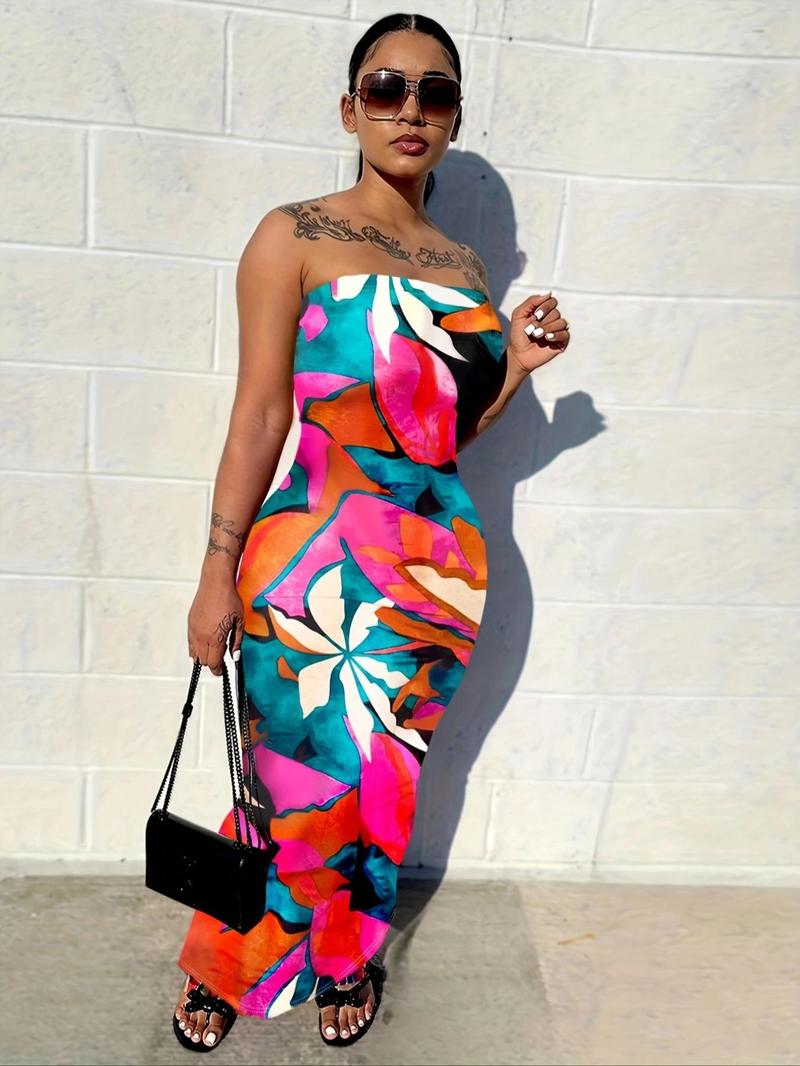 Women's All Over Print Backless Split Hem Bodycon Dress, Fashion Casual Elegant Sleeveless Bodycon Sleeveless Long Tube Dress for Summer, Women's Clothing for Club Party, Summer Outfits 2024 Valentine's Day, gift