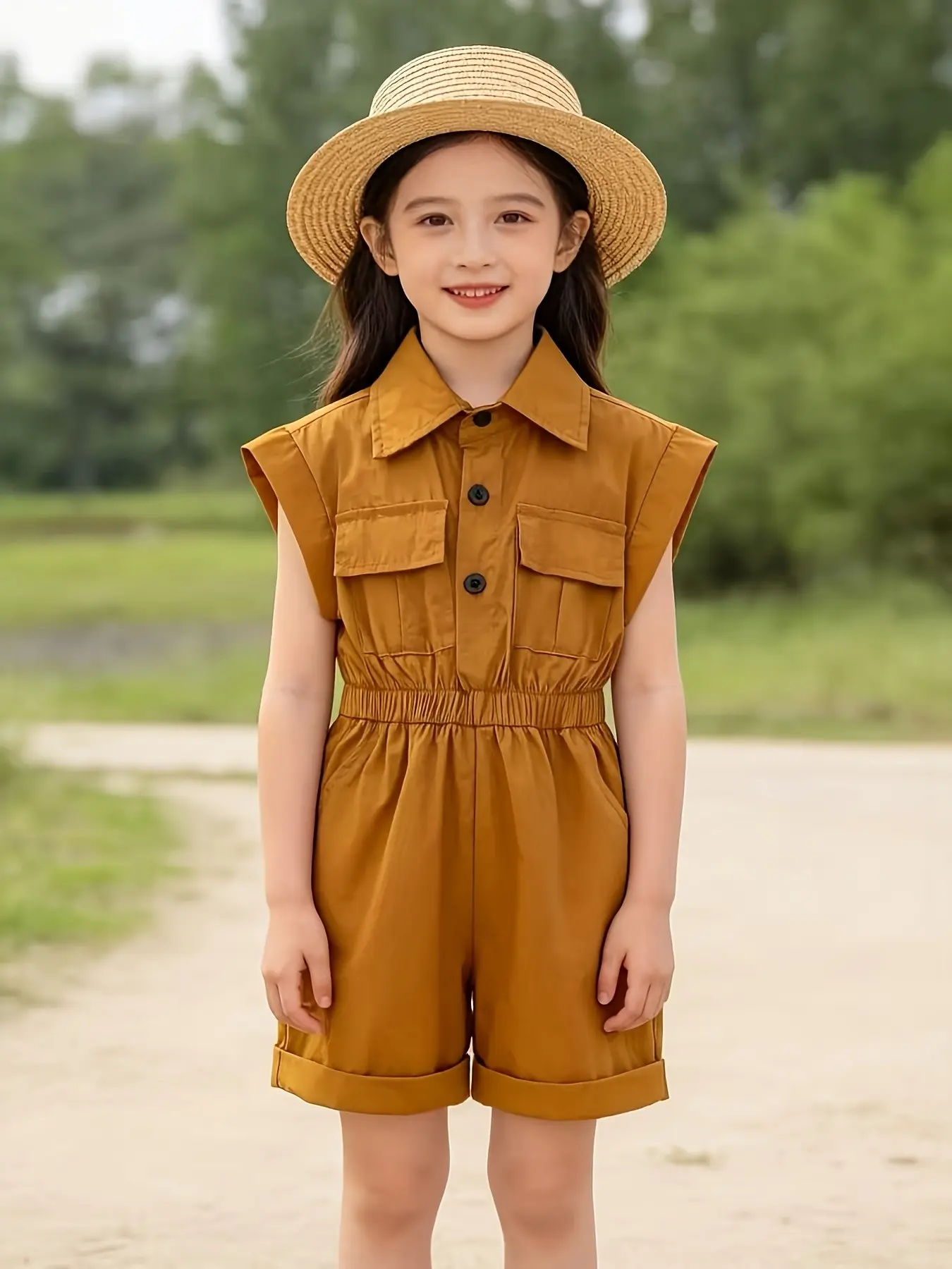 New Fashion Sleeveless Workwear Overall for Girls, Chest Pockets, Elastic Waist, Cuffed Legs, Lightweight Fabric, Casual Outdoor Wear, Fit