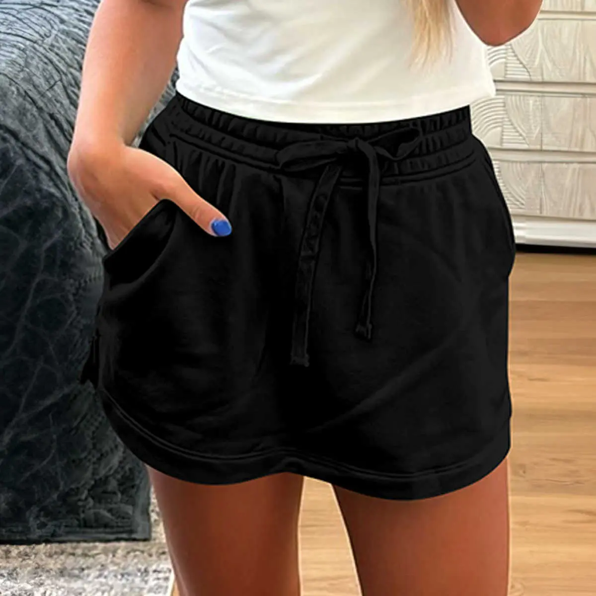 Women's Black French Terry Drawstring Mini Skort with Pockets | Casual Comfy Activewear